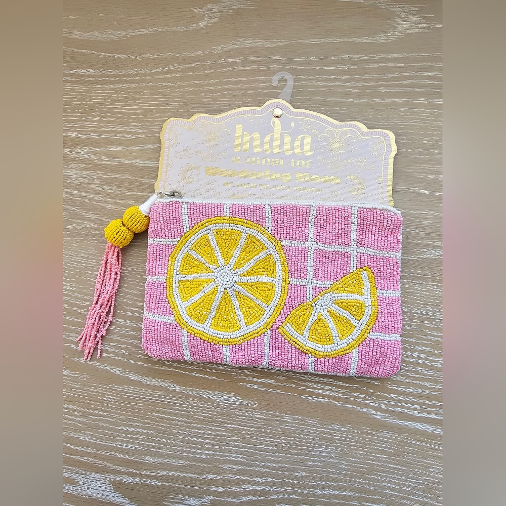 Viral beaded Lemon checkered travel pouch w tassel Wandering Moon India Made NWT